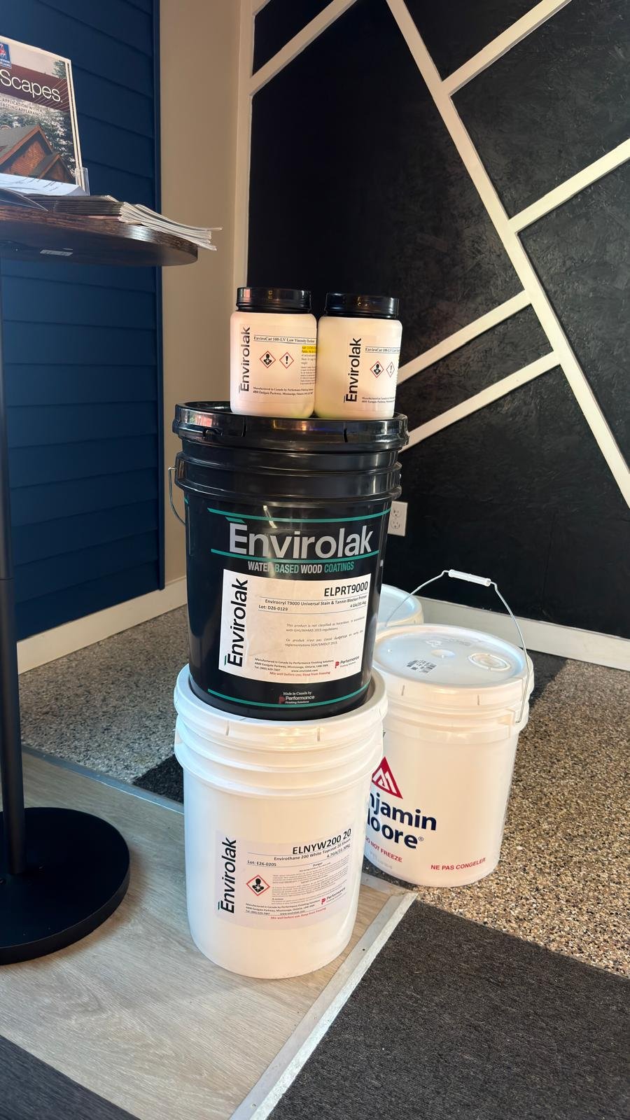 Professional wood coatings and materials including Envirolak and Benjamin Moore products